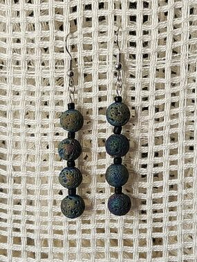 Handmade Lava Bead Drop Earrings in Blue-Green